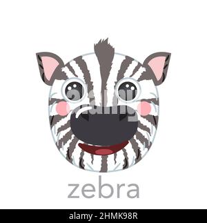 Zebra Portrait carino con nome testo sorriso testa cartone animato avatar forma rotonda faccia animale, isolato vettore icone illustrazioni su sfondo bianco. Poster piatto semplice disegnato a mano per bambini, app ui, bambino Illustrazione Vettoriale