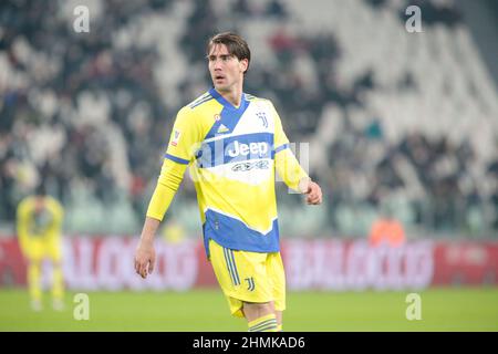 Torino, Italia. 10th Feb 2022. Dusan Vlahovic del Juventus FC durante la Coppa Italia, Coppa Italia, quarto incontro di calcio finale tra Juventus e Sassuolo il 10 febbraio 2022 allo Stadio Allianz di Torino - Photo Nderim Kaceli/DPPI Credit: DPPI Media/Alamy Live News Foto Stock