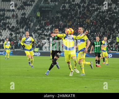 Torino, Italia. 10th Feb 2022. Dusan Vlahovic del Juventus FC durante la Coppa Italia, Coppa Italia, quarto incontro di calcio finale tra Juventus e Sassuolo il 10 febbraio 2022 allo Stadio Allianz di Torino - Photo Nderim Kaceli/DPPI Credit: DPPI Media/Alamy Live News Foto Stock