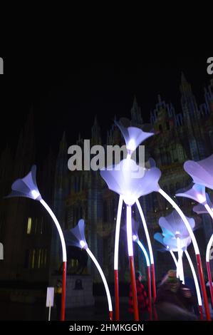 ABERDEEN, SCOZIA - 10 FEBBRAIO 2022: Prima scozzese dei fiori di tromba di amigo & amigo dove i partecipanti possono fare la propria musica saltando intorno al gigantesco giardino musicale di fronte al Marischal College come parte del festival Spectra. 10-13 Febbraio, 2022. Foto Stock