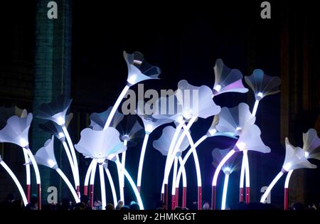 ABERDEEN, SCOZIA - 10 FEBBRAIO 2022: Prima scozzese dei fiori di tromba di amigo & amigo dove i partecipanti possono fare la propria musica saltando intorno al gigantesco giardino musicale di fronte al Marischal College come parte del festival Spectra. 10-13 Febbraio, 2022. Foto Stock