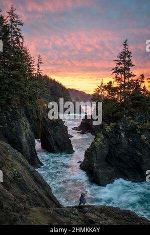 Marc Muench fotografa al Natural Bridges state Wayside sulla costa meridionale dell'Oregon. Foto Stock