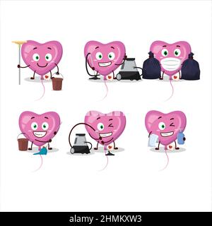 Servizio di pulizia rosa amore palloncino carino fumetto personaggio utilizzando mop. Illustrazione vettoriale Illustrazione Vettoriale