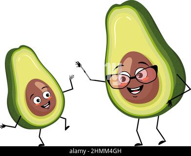 Personaggio avocado con allegra emozione, viso gioioso, occhi sorridenti, braccia e gambe. Persona di frutta o di verdura con espressione. Nonna con occhiali e ballo del nipote. Illustrazione piatta vettoriale Illustrazione Vettoriale