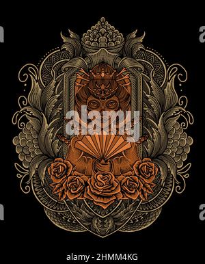 illustrazione geisha donna con ornamento d'incisione vintage Illustrazione Vettoriale