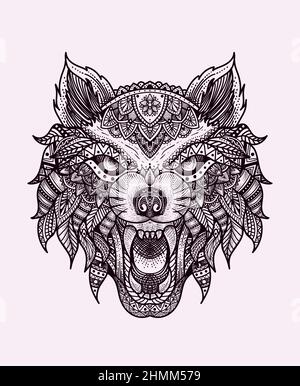 illustrazione testa lupo stile ornamento mandala Illustrazione Vettoriale