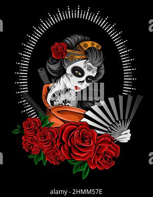 illustrazione bella geisha donna con fiore di rosa Illustrazione Vettoriale