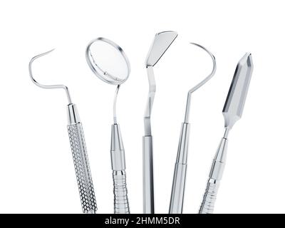 Set di strumenti dentistici isolati su sfondo bianco. 3D illustrazione. Foto Stock