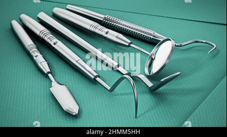 Set di strumenti dentistici su un panno sterile verde. 3D illustrazione. Foto Stock