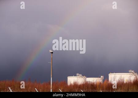 Impianti di stoccaggio di gas naturale nel porto di Belfast, Irlanda del Nord. Il gas è importato per uso domestico e commerciale. Foto Stock