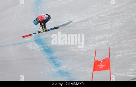 Pechino, Cina. 11th Feb 2022. Alice Robinson della Nuova Zelanda reagisce durante lo sci alpino Super-G di Pechino 2022 Olimpiadi invernali al National Alpine Ski Centre nel distretto di Yanqing, Pechino, capitale della Cina, 11 febbraio 2022. Credit: Lian Zhen/Xinhua/Alamy Live News Foto Stock