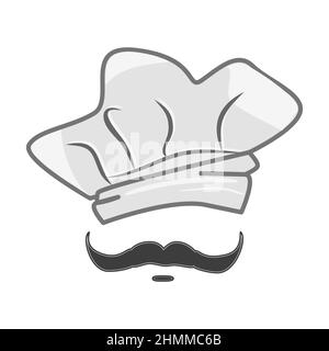 Cappello da chef e logo baffi isolato su sfondo bianco. Cuoco cappellino con l'icona dei baffi. Cartello da forno, ristorante o pizzeria. Illustrazione vettoriale Illustrazione Vettoriale