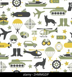 Schema vettoriale trasparente di icone militari su sfondo bianco. Carta da imballaggio. Illustrazione Vettoriale