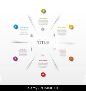 Modello di schema astratto con sei sezioni su sfondo bianco divise da ombra chiara con icone di numeri grandi e alcune descrizioni. Multiuso Illustrazione Vettoriale