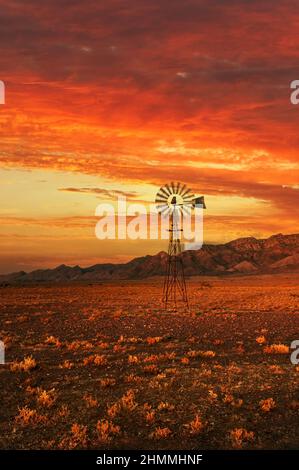 L'iconico mulino a vento australiano al tramonto nelle Flinders Ranges. Foto Stock