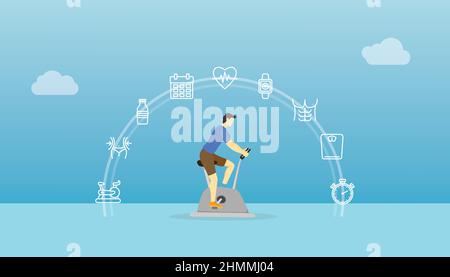 bici statica o concetto di bicicletta stazionaria con uomo che ciclano con un certo icona di salute relativa con illustrazione vettoriale di stile piatto moderno Foto Stock