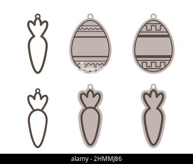 Adorabile nome carrello di Pasqua tag. Sagoma di taglio laser per legno. Decorazione in carta stratificata. Stampa, taglia, colla. Definizione del modello per la caccia alle uova per i bambini. Illustrazione Vettoriale