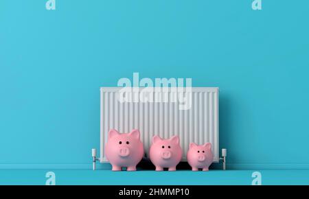 Scatola di risparmio di denaro Piggy banca con un radiatore. Concetto di costo di riscaldamento domestico. 3D rendering Foto Stock