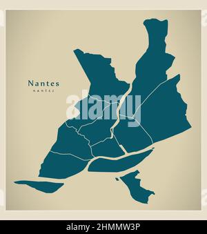 Mappa della città moderna - Nantes città della Francia con i quartieri Illustrazione Vettoriale