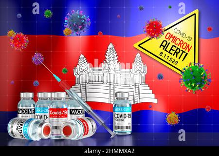 Covid-19 Omicron B.1.1.529 allarme variante, programma di vaccinazione in Cambogia - illustrazione 3D Foto Stock