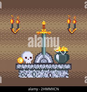 Pixel Art Treasure Pot and Sword in Stone Illustrazione Vettoriale