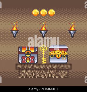 Pixel Art Treasure Chests and Key in Dungeons Illustrazione Vettoriale