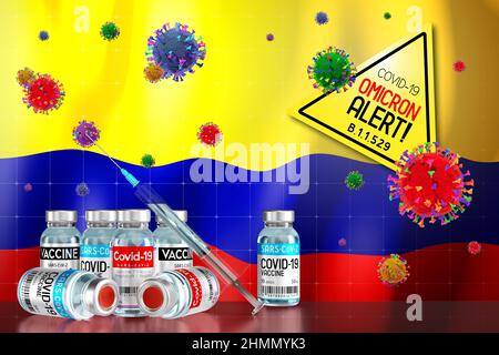 Covid-19 Omicron B.1.1.529 allarme variante, programma di vaccinazione in Colombia - illustrazione 3D Foto Stock