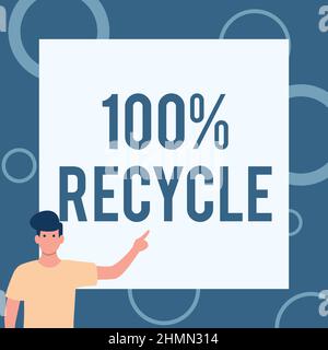 Didascalia concettuale 100% Recycle. Word for contiene 100% di materiale recuperato da cliente finale Gentleman disegno permanente dito di puntamento in Foto Stock