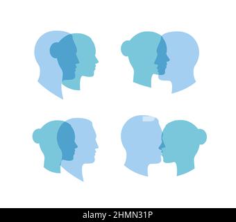 Simbolo di identificazione mentale e di genere, problema mentale bipolare, rapporto emotivo equilibrio, icona blu teste di colore, illustrazione vettoriale isolata Illustrazione Vettoriale