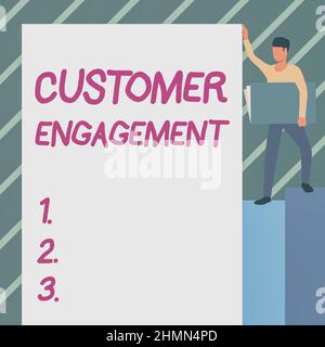 Scrivere a mano per firmare il coinvolgimento del cliente. Business Concept il collegamento emotivo tra un cliente e un brand Man Standing che trasporta un notebook di grandi dimensioni Foto Stock