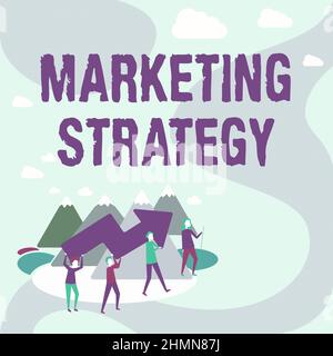 Strategia di marketing per la visualizzazione concettuale. Concetto di significato Schema su come posare i prodotti servizi Business quattro colleghi Illustrazione Arrampicata Foto Stock