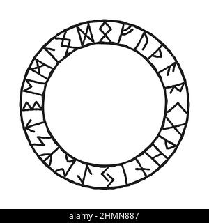 24 rune in cerchio. Set vettoriale di antiche rune di Old Norse Elder Futhark. Stile vichingo, modello di design. Simboli mistici, esoterici, occulti, magici. Illustrazione Vettoriale