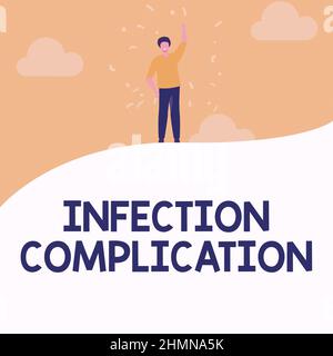 Segno che mostra complicazione dell'infezione. Internet Concept reazione indesiderata è risultato da una immunosoppressione Man Drawing Raising Hand Sky Standing Foto Stock