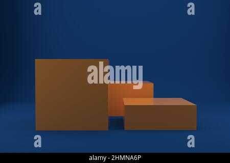 Ripiano arancione con podio o piedistallo vuoto su sfondo blu con stile minimal. 3D rendering. Foto Stock