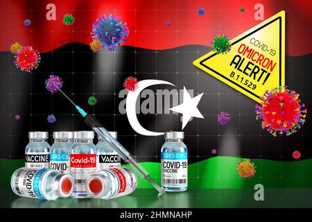 Covid-19 Omicron B.1.1.529 allarme variante, programma di vaccinazione in Libia - illustrazione 3D Foto Stock