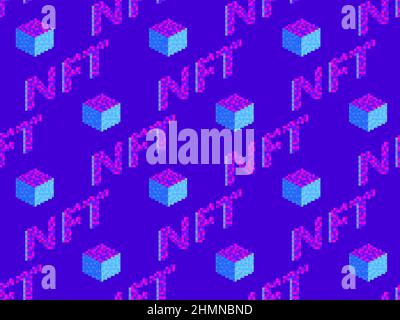 Testo isometrico NFT token pixel ART con pattern cubico senza giunture. Token non-fungibile NFT. Arte digitale nella tecnologia blockchain. Design per striscioni e pr Illustrazione Vettoriale
