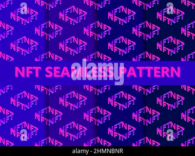 Testo isometrico token NFT con set di cubi di pattern senza giunture. Token non-fungibile NFT. Arte digitale nella tecnologia blockchain. Design per banner e promo Illustrazione Vettoriale