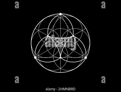 Seme fiore di vita icona di loto, yantra mandala geometria sacra, tatuaggio simbolo di armonia e di equilibrio. Talismano mistico, vettore di linee bianche isolato Illustrazione Vettoriale