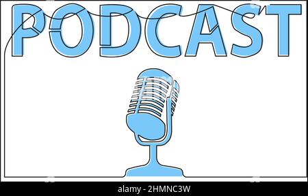 logo podcast a linea continua con microfono, disegno vettoriale a linea singola Illustrazione Vettoriale