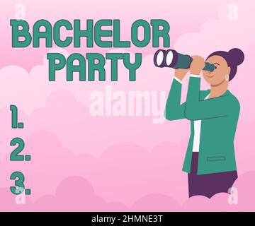 Scrittura visualizzazione testo Bachelor Party. Parola scritta sul partito dato per un uomo che sta per ottenere sposato notte di Pag Donna che guarda attraverso mano tenuta Foto Stock