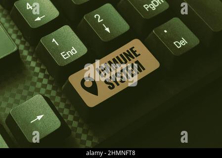 Scrittura visualizzazione testo sistema immunitario. Business idea complessa rete di lavoro insieme per difendere contro germi scrivere Ricerca Online Text Analysis Foto Stock