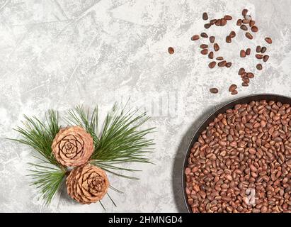 Noci di cedro o pino in una ciotola con coni su sfondo grigio e un ramo di un albero di cedro con aghi verdi, vista dall'alto Foto Stock