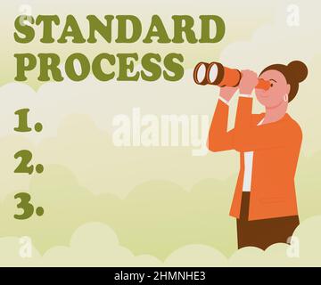 Procedura standard del segnale di scrittura manuale. Le regole della vetrina aziendale sono state fatte per essere abbinate alla qualità finale del prodotto Donna che guarda attraverso il telescopio portatile Foto Stock