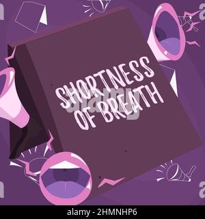 Segno di testo che mostra respiro corto. Panoramica aziendale intenso inasprimento delle vie aeree che causano difficoltà respiratorie labbra megafoni forte facendo Foto Stock