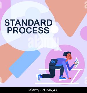 Procedura standard del segnale di scrittura manuale. Regole di panoramica aziendale fatte per essere abbinate alla qualità del prodotto finale Donna trasporto Briefcase lettura Quotidiani Foto Stock