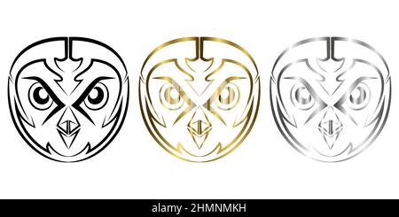 Tre colori oro nero e argento linea arte di gufo testa. Buon uso per simbolo, mascotte, icona, avatar, tatuaggio, T-Shirt design, logo o qualsiasi design. Illustrazione Vettoriale