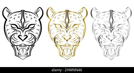 Line art della testa di Roaring Leopard. Buon uso per simbolo, mascotte, icona, avatar, tatuaggio, T Shirt design, logo o qualsiasi design che si desidera. Illustrazione Vettoriale