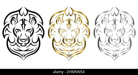 Linea d'arte bianca e nera della parte anteriore della testa del leone. È segno di leo zodiaco. Buon uso per simbolo, mascotte, icona, avatar, tatuaggio, Design T-shirt, Illustrazione Vettoriale