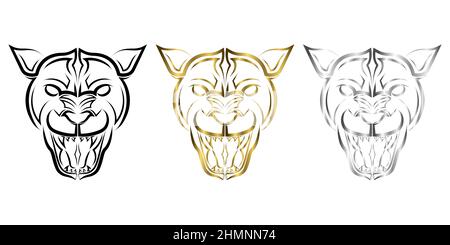Tre colori nero oro e argento linea arte di testa cougar buon uso per simbolo mascotte icona avatar tatuaggio T Shirt logo design o qualsiasi design che si desidera Illustrazione Vettoriale