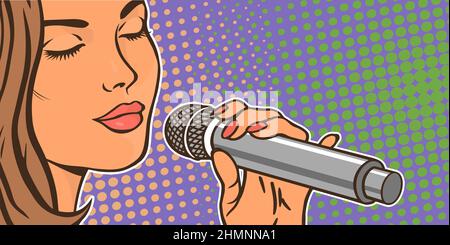 Bella cantante donna con microfono. Faccia in primo piano. Musica e voce. Artista al concerto. Illustrazione vettoriale di cartoni animati in stile pop art Illustrazione Vettoriale
